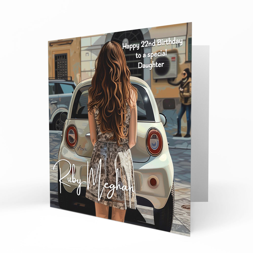 Personalised 22nd Birthday Card - Young Woman with a Car