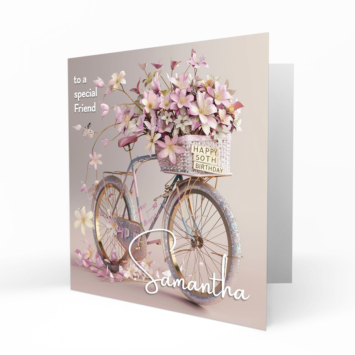 Personalised 50th Birthday Card - Bicycle with Flowers