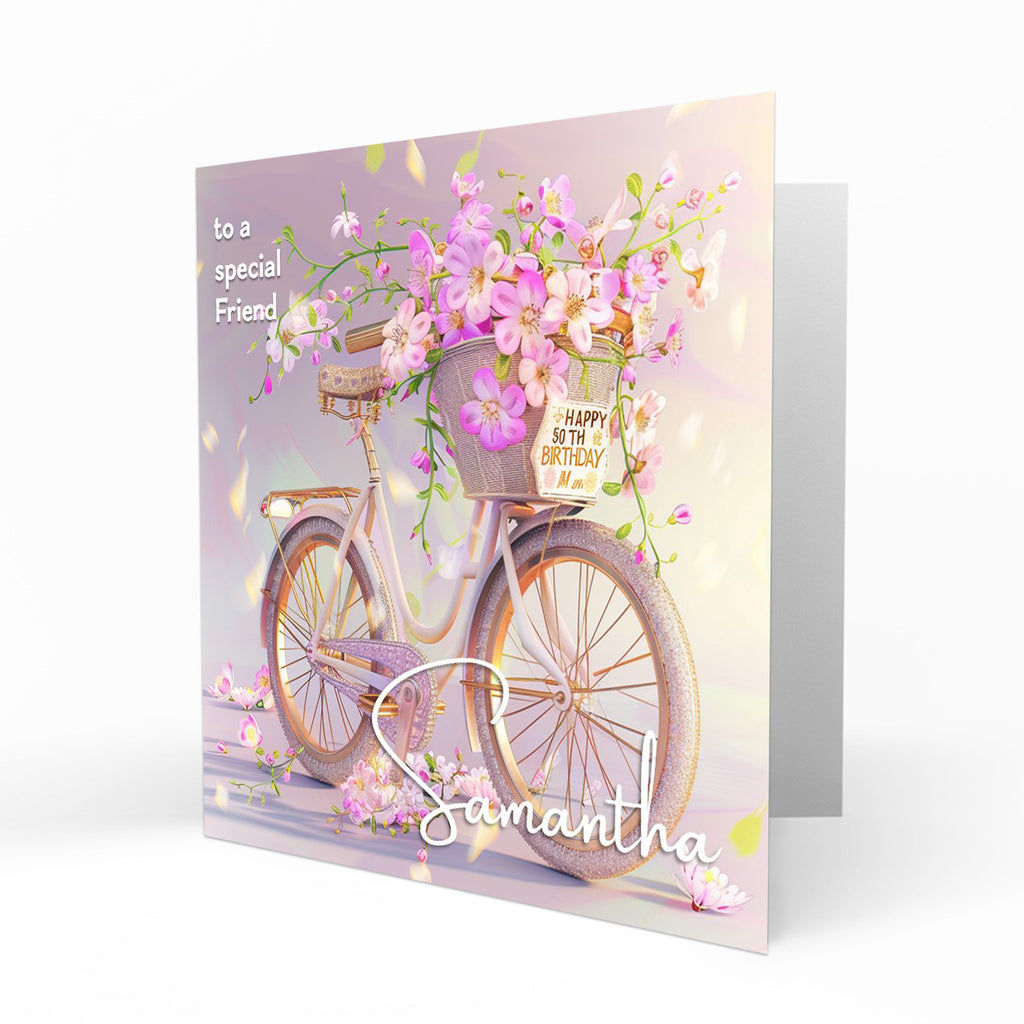 Personalised 50th Birthday Card - Bicycle with Flowers