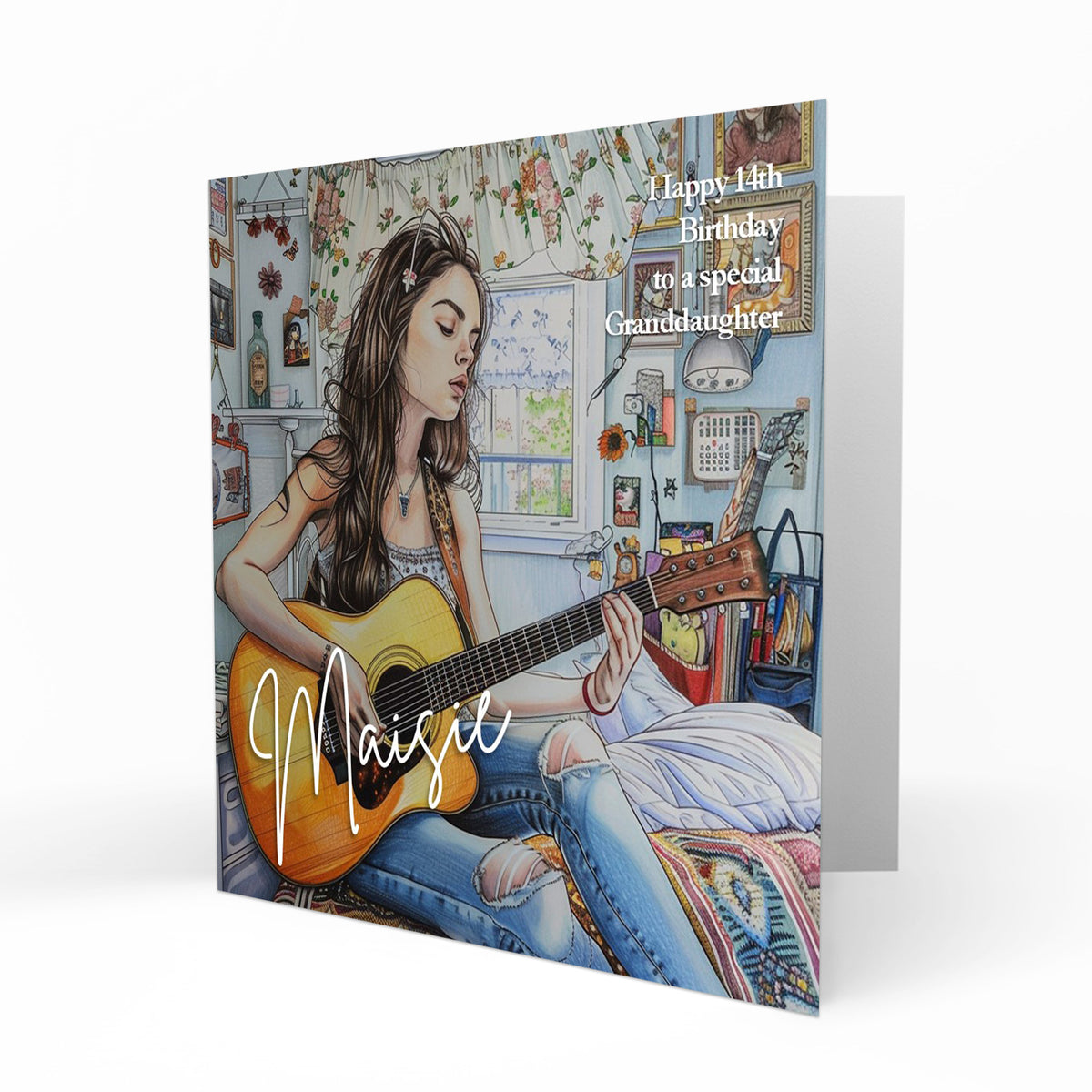 Personalised 14th Birthday Card - Girl Playing an Acoustic Guitar