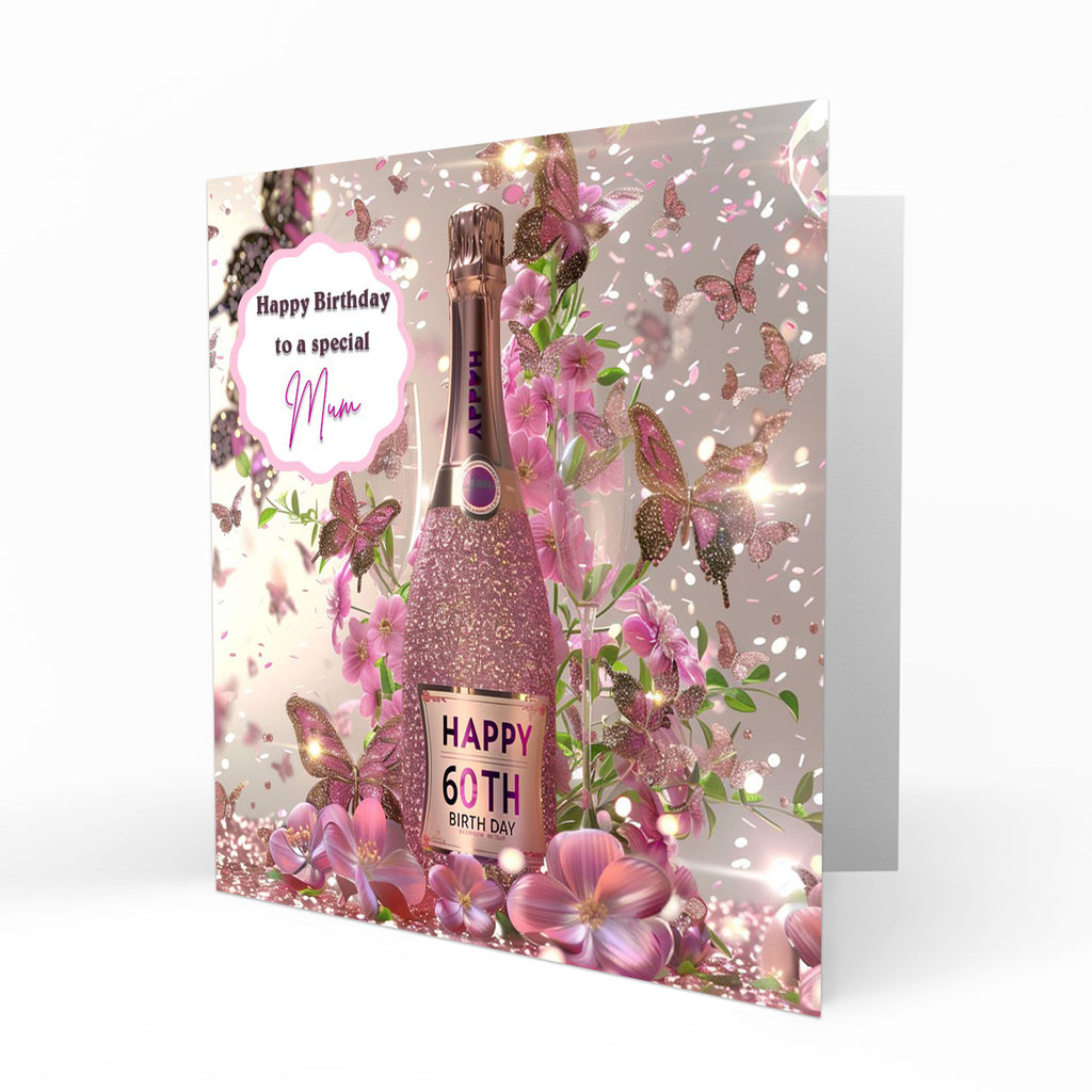 Personalised 60th Birthday Card - Celebration Bottle and Butterflies