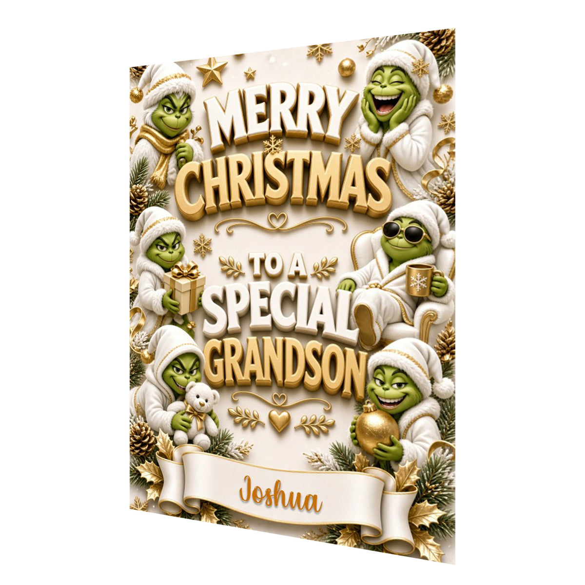 Personalised Christmas Card - Green Christmas Characters in Gold