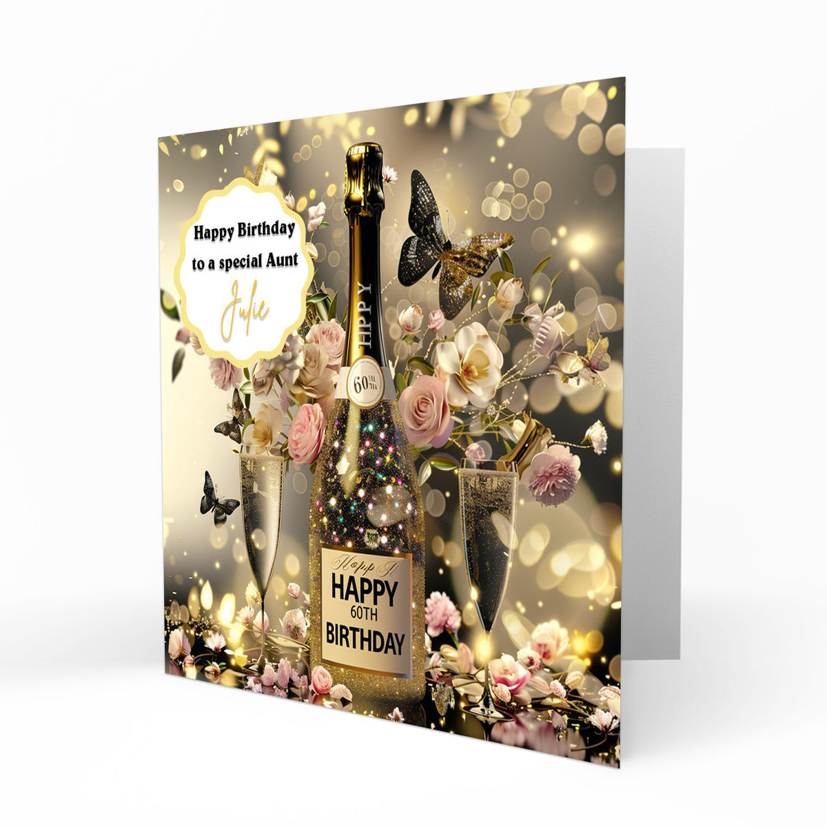 Personalised 60th Birthday Card - Celebration Bottle and Butterflies