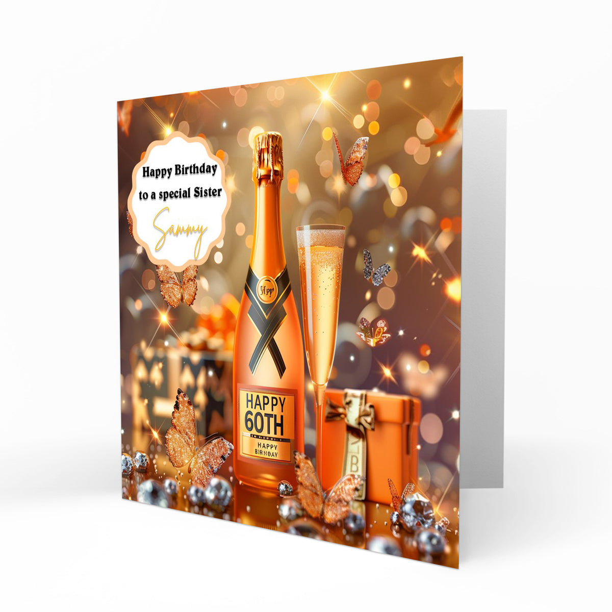 Personalised 60th Birthday Card - Celebration Bottle and Butterflies