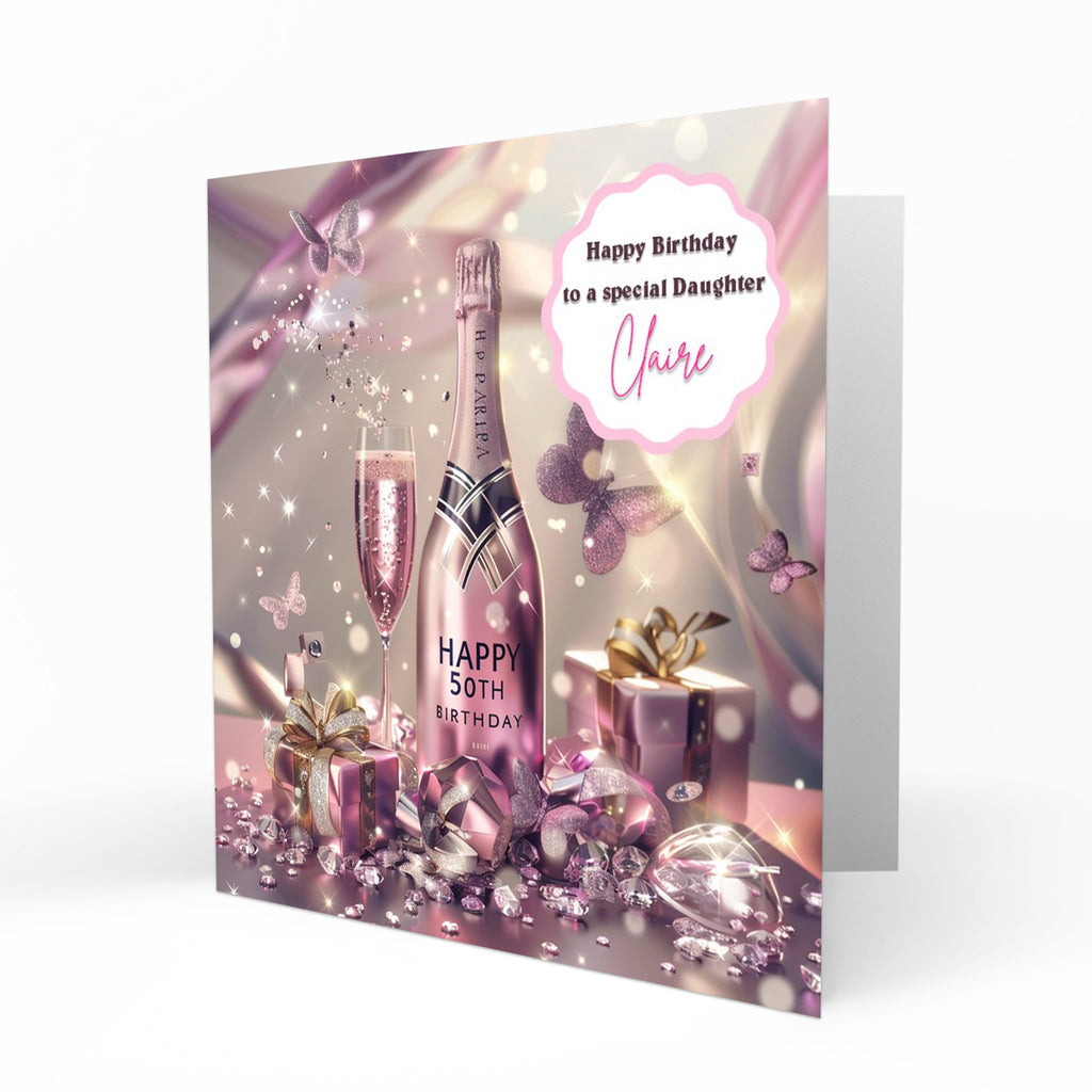 Personalised 50th Birthday Card - Celebration Bottle and Butterflies