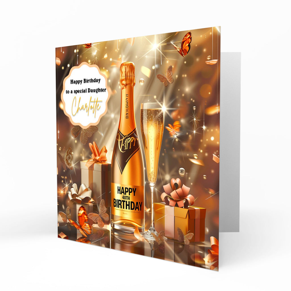 Personalised 40th Birthday Card - Celebration Bottle and Butterflies