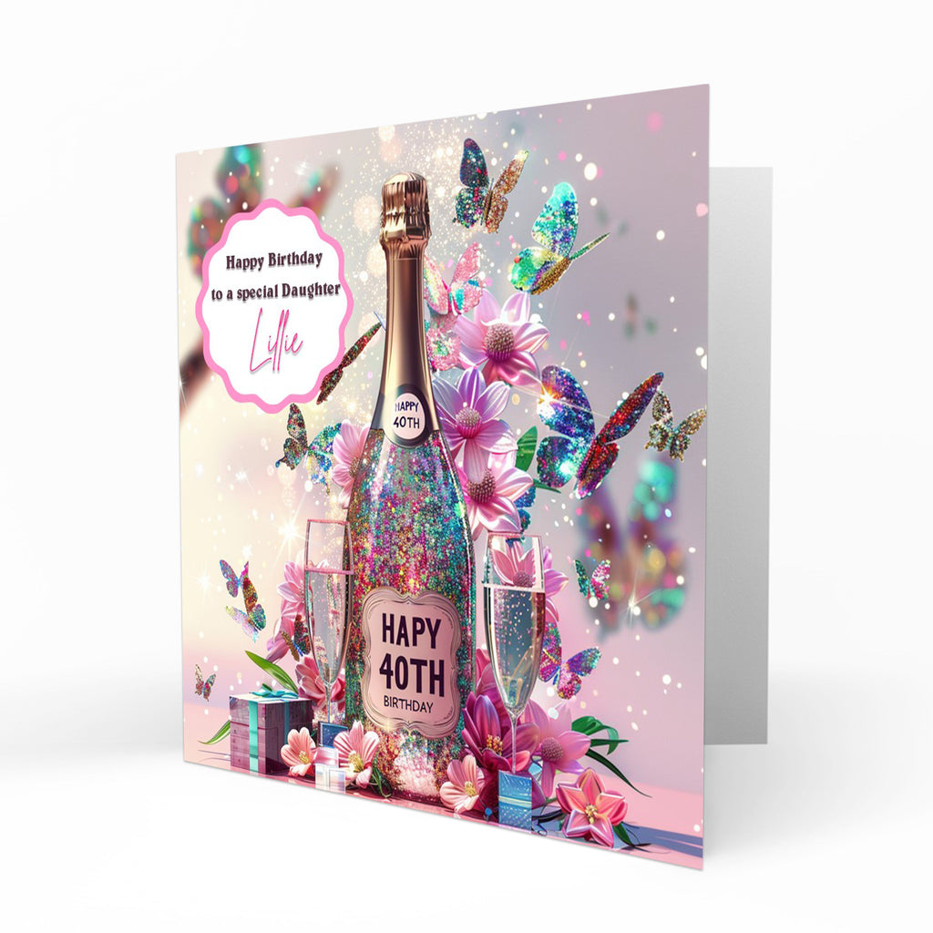 Personalised  40th Birthday Card for Her Women, Mum, Grandma, Granddaughter Niece Daughter Sister Auntie Prosecco Floral Butterfly
