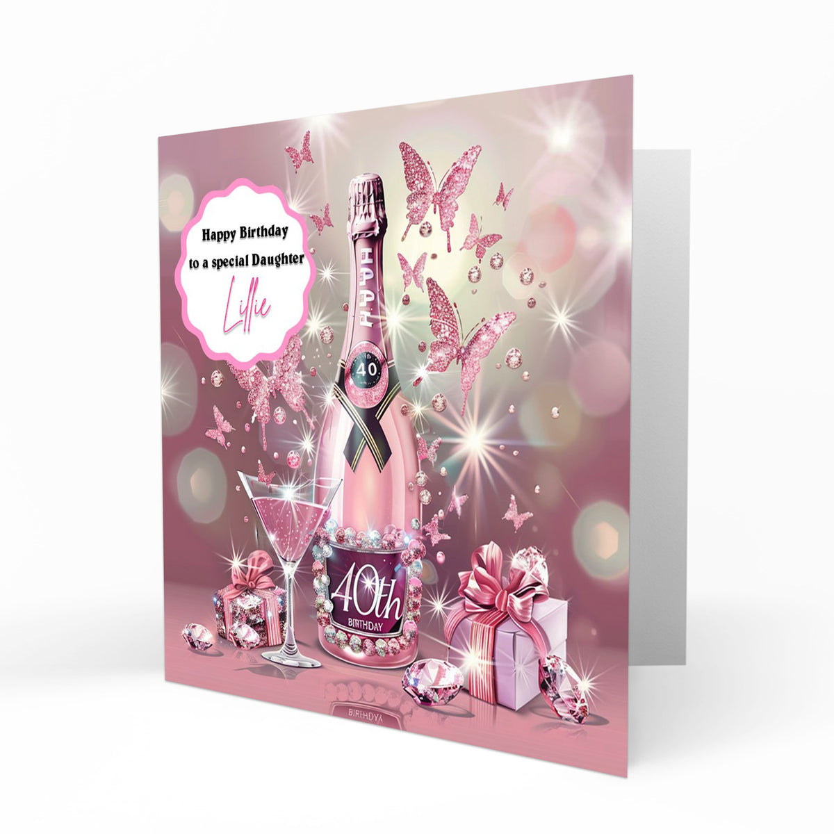 Personalised  40th Birthday Card for Her Women, Mum, Grandma, Granddaughter Niece Daughter Sister Auntie Prosecco Floral Butterfly