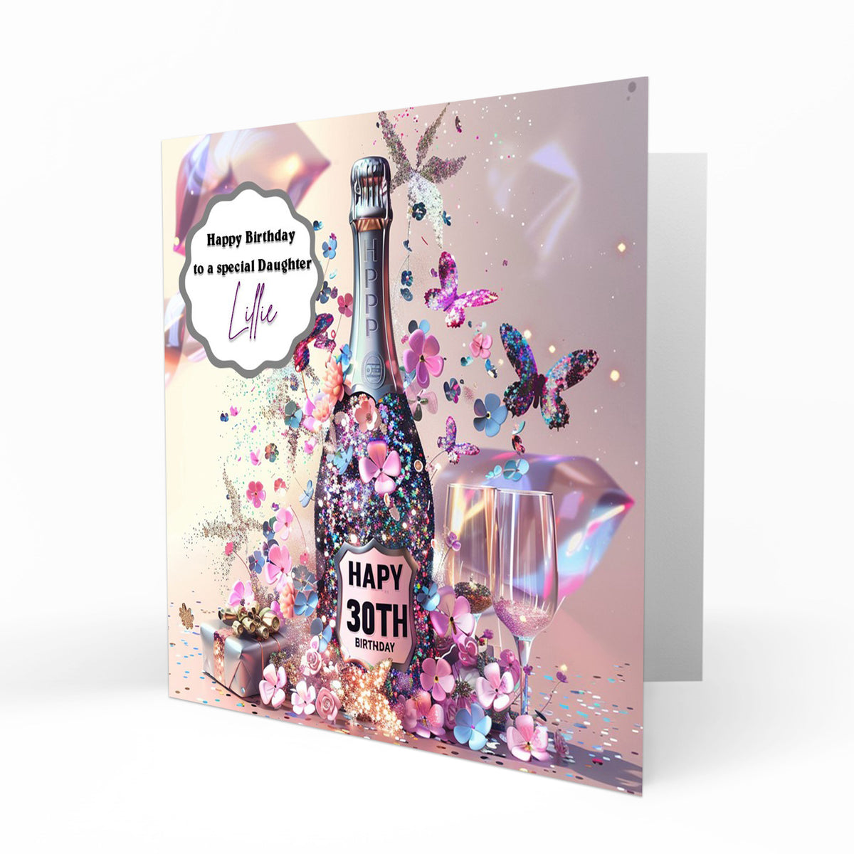 Personalised 30th Birthday Card - Celebration Bottle and Butterflies