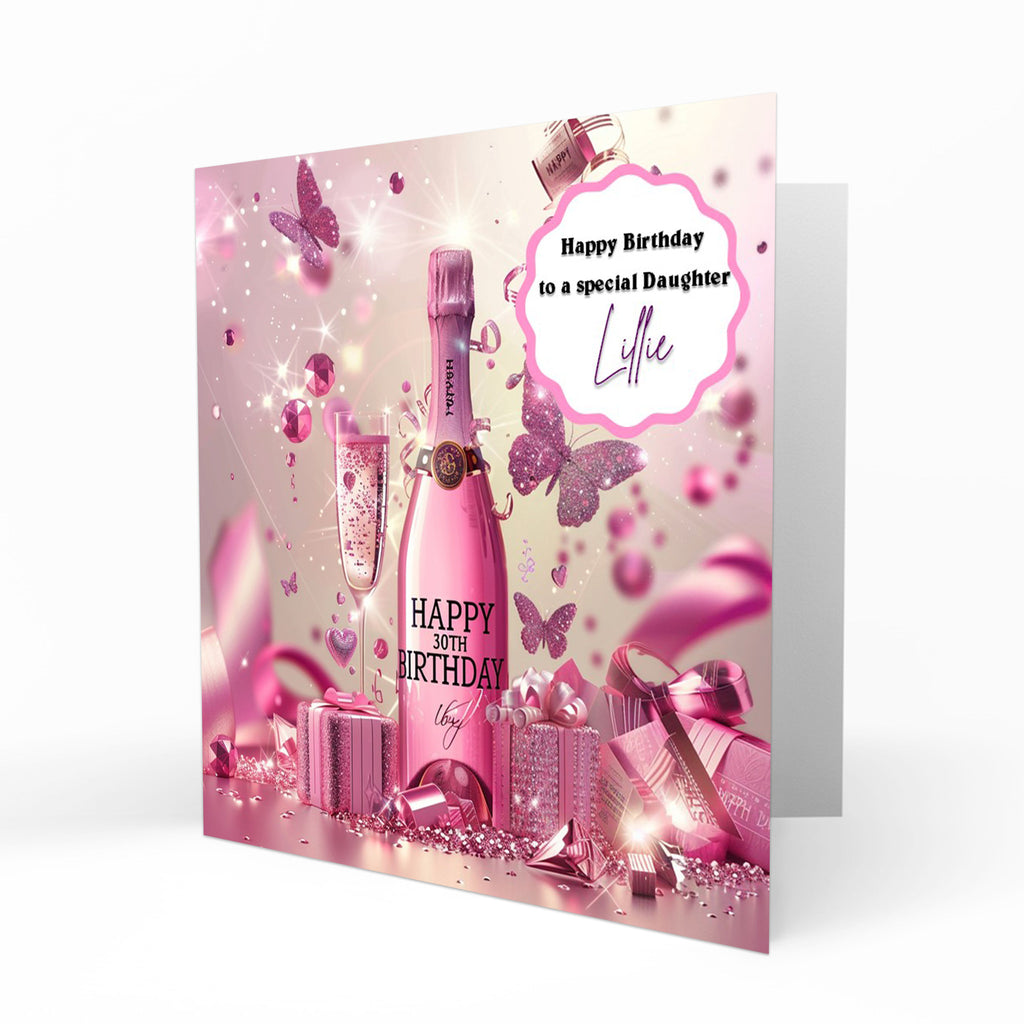 Personalised 30th Birthday Card - Celebration Bottle and Butterflies