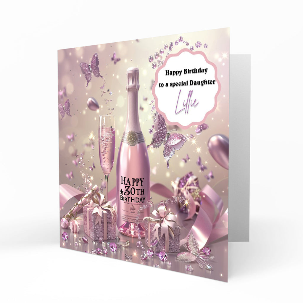 Personalised 30th Birthday Card - Celebration Bottle and Butterflies