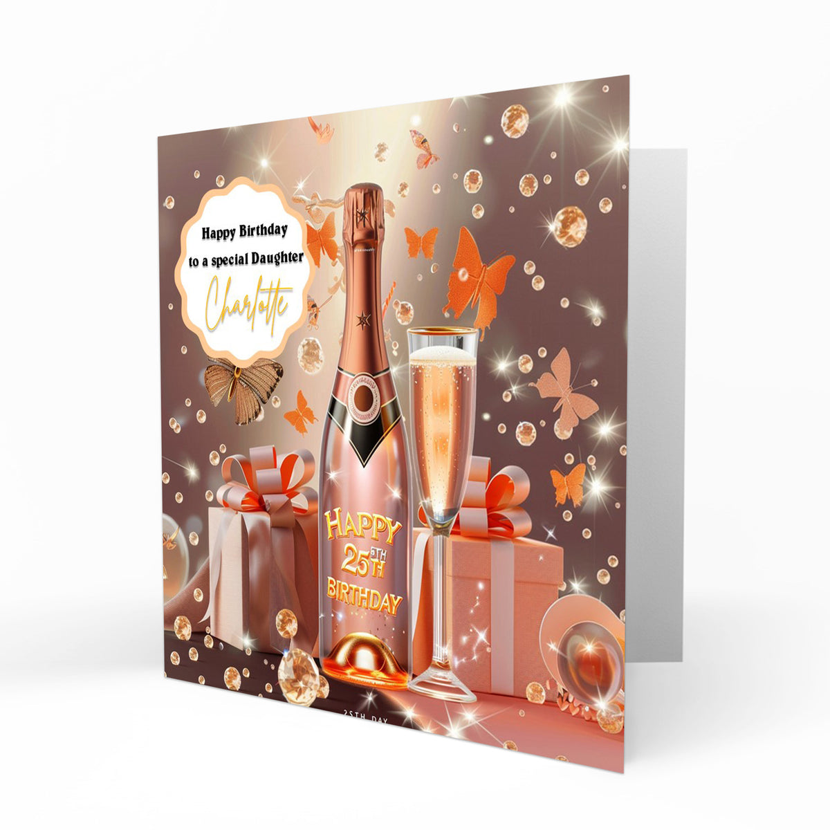 Personalised 25th Birthday Card - Celebration Bottle and Butterflies