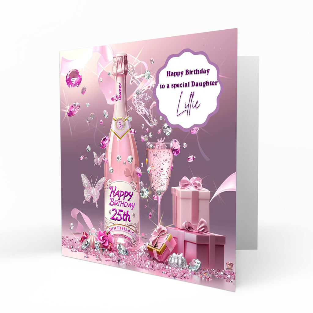 Personalised 25th Birthday Card - Celebration Bottle and Butterflies