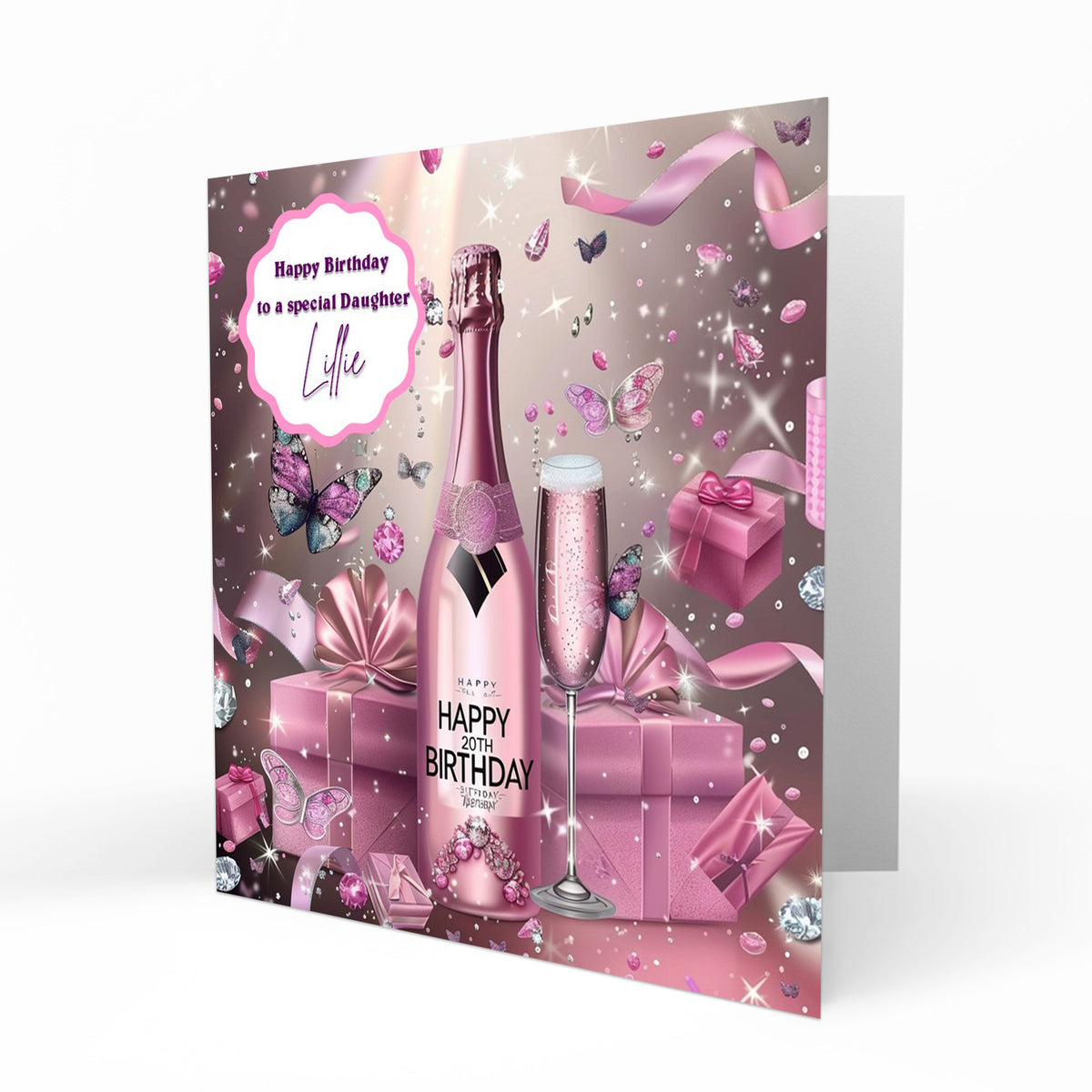 Personalised 20th Birthday Card - Celebration Bottle and Butterflies