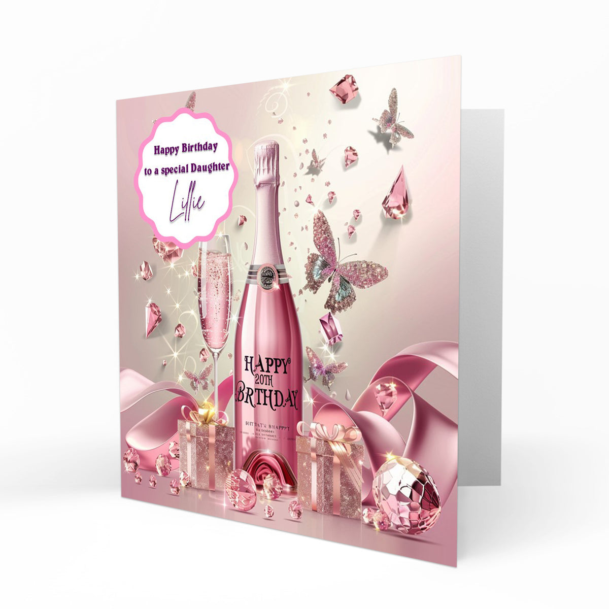 Personalised 20th Birthday Card - Celebration Bottle and Butterflies