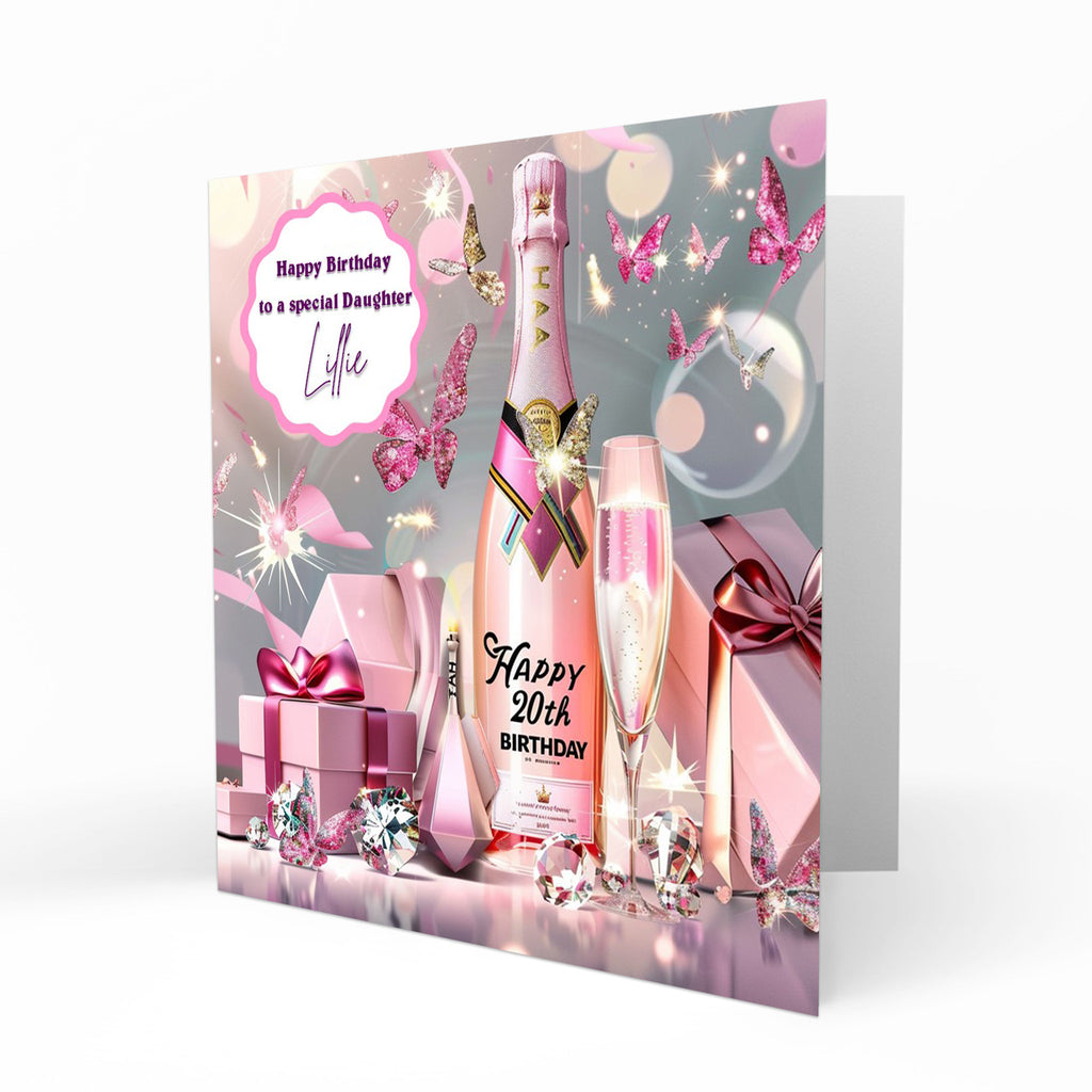 Personalised 20th Birthday Card - Celebration Bottle and Butterflies