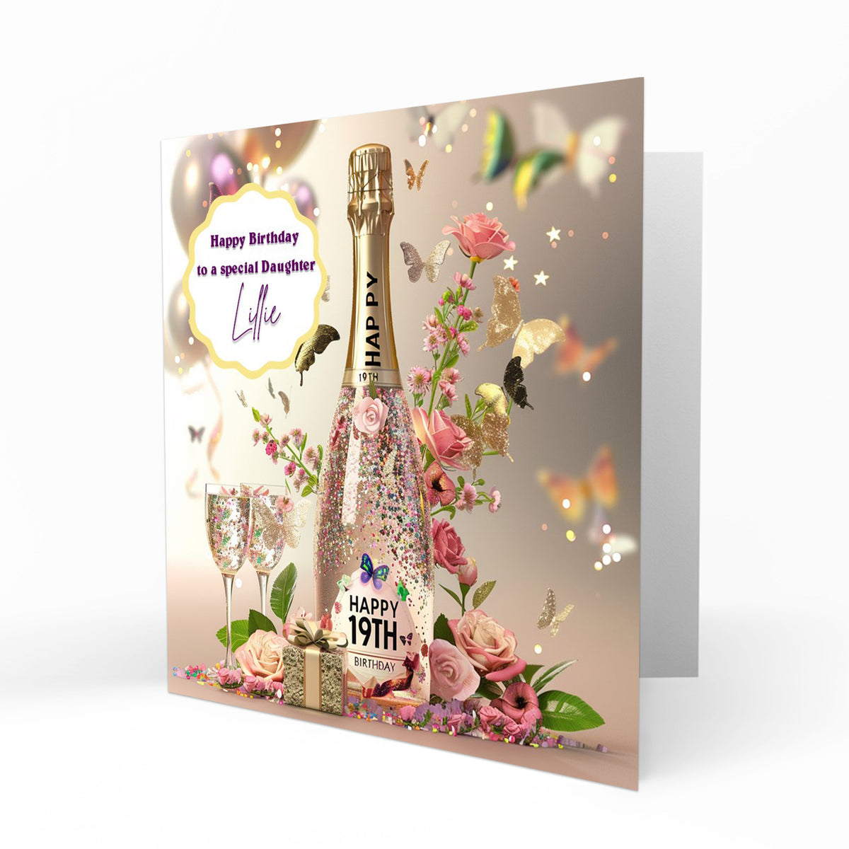 Personalised 19th Birthday Card - Celebration Bottle and Butterflies