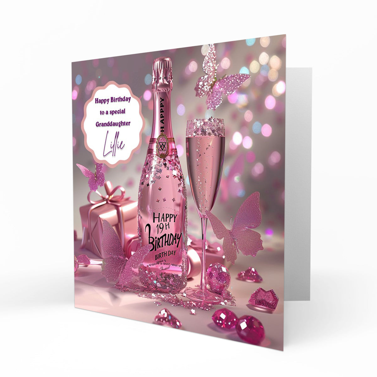 Personalised 19th Birthday Card - Celebration Bottle and Butterflies