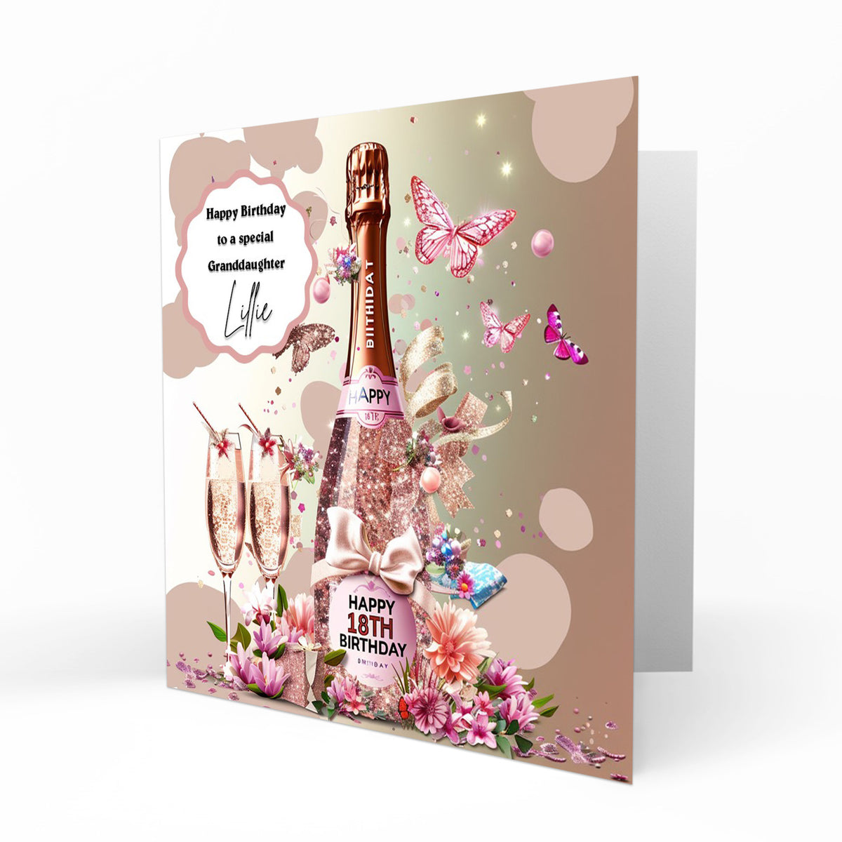 Personalised  18th Birthday Card for Her Women, Mum, Grandma, Granddaughter Niece Daughter Sister Auntie Prosecco Floral Butterfly