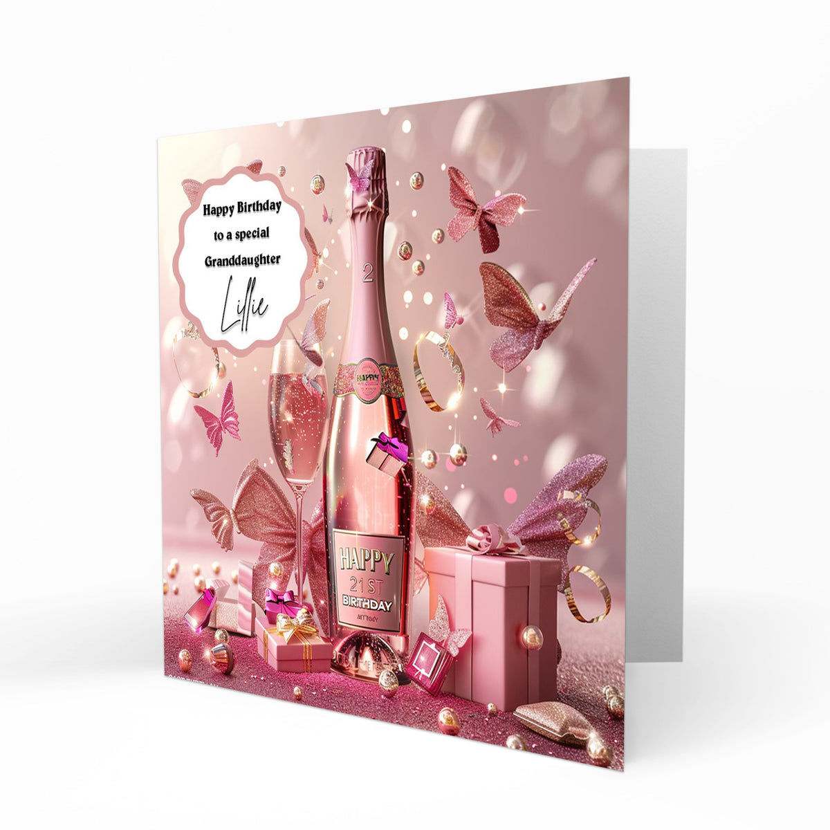 Personalised 21st Birthday Card - Celebration Bottle and Butterflies