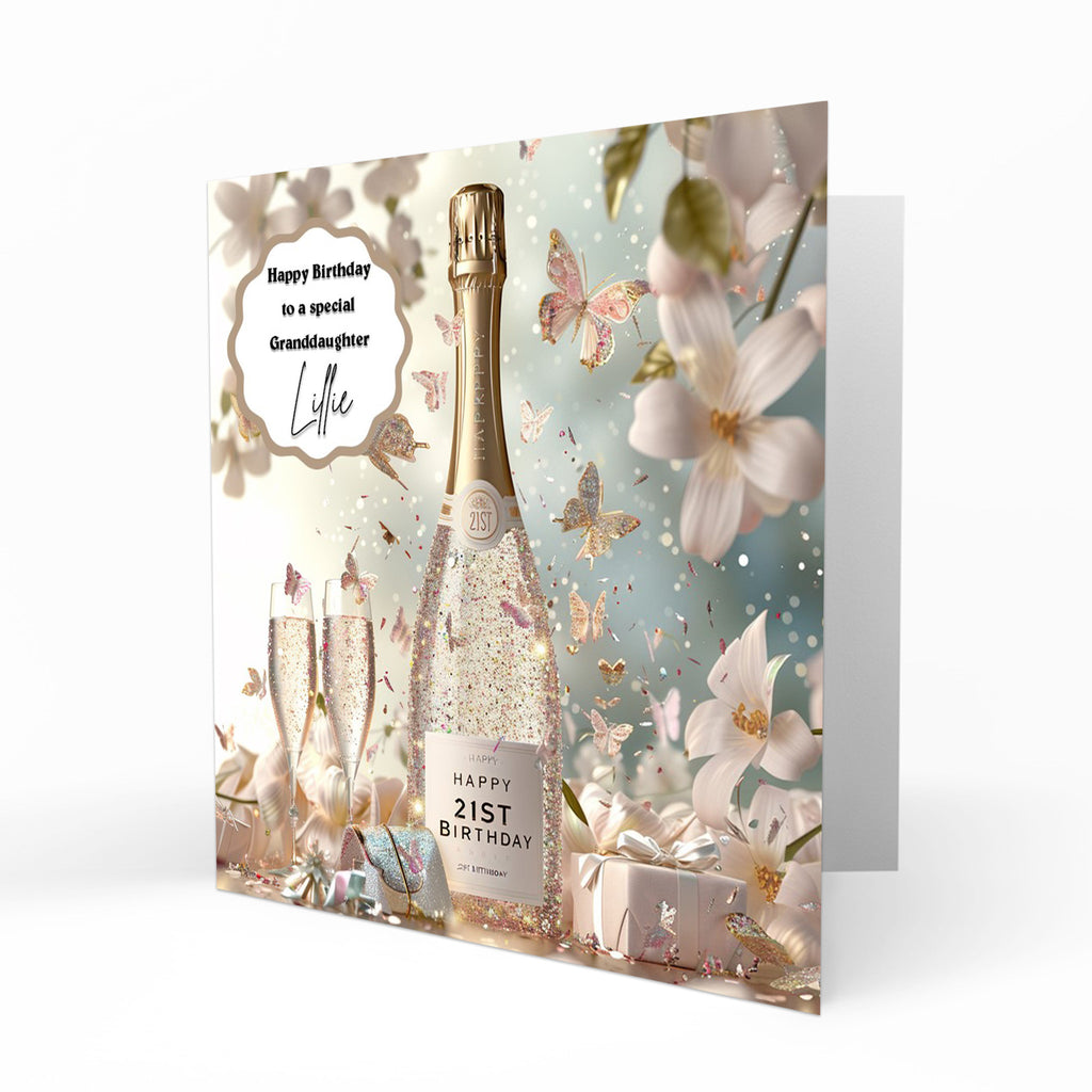 Personalised 21st Birthday Card - Celebration Bottle and Butterflies