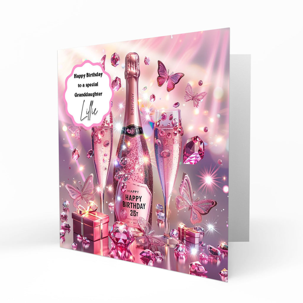 Personalised 21st Birthday Card - Celebration Bottle and Butterflies