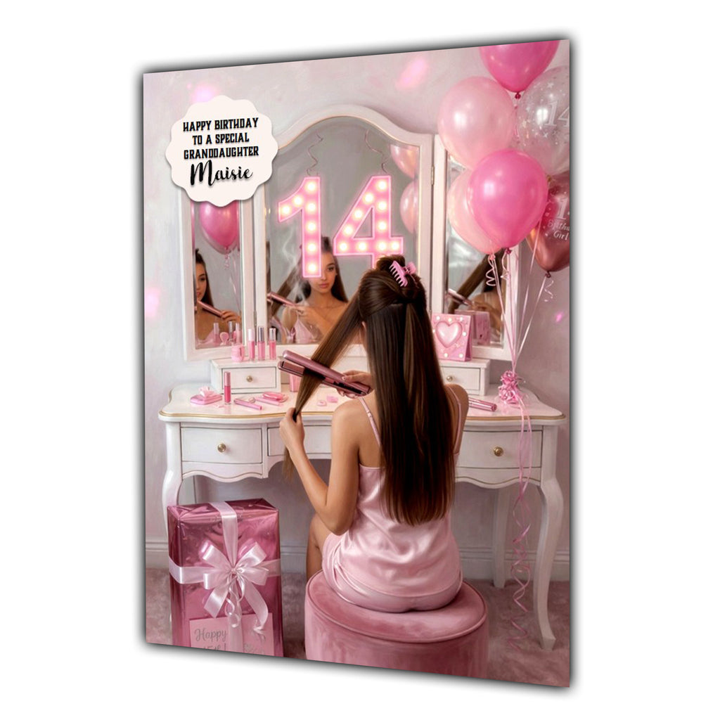 Personalised 14th Birthday Card - Girl at a Dressing Table - Brown Hair