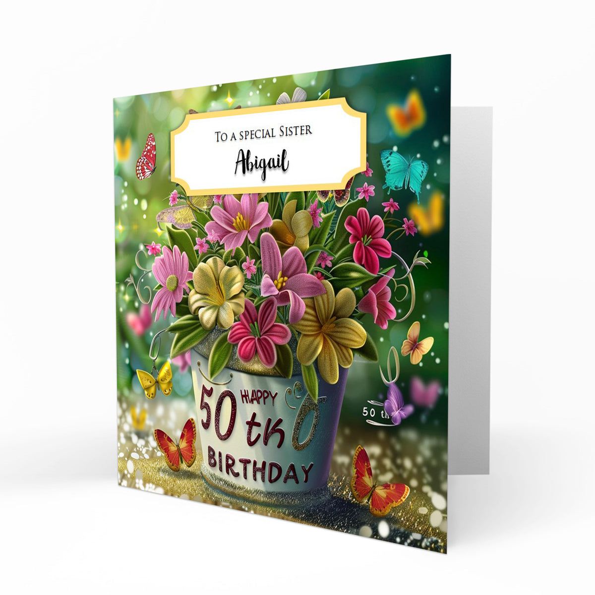 Personalised 50th Birthday Card - Flowerpot and Butterflies