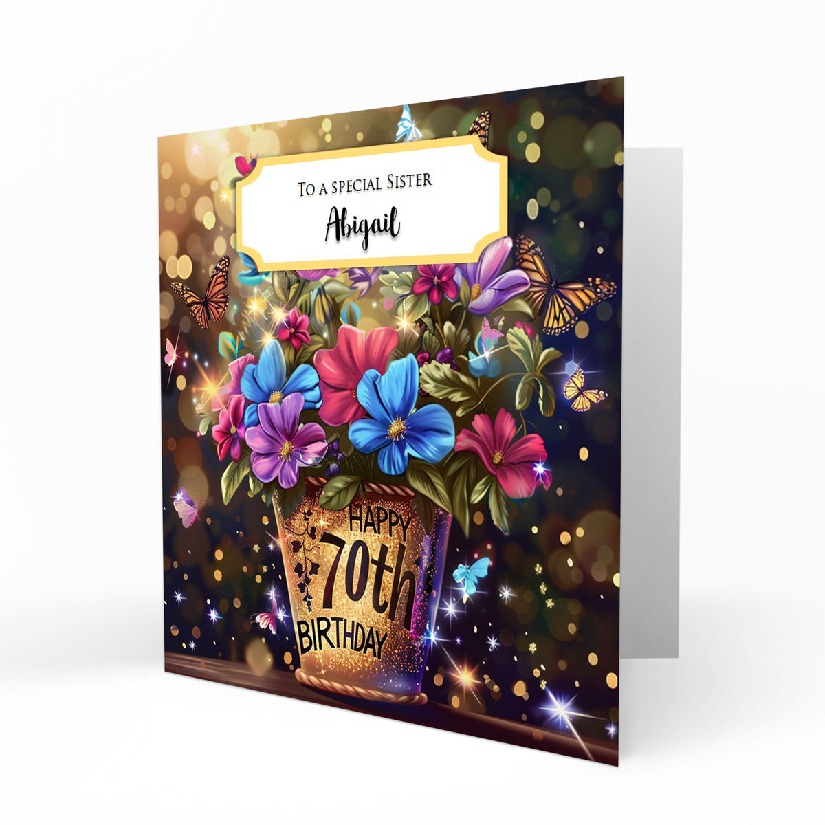 Personalised 70th Birthday Card - Flowerpot and Butterflies