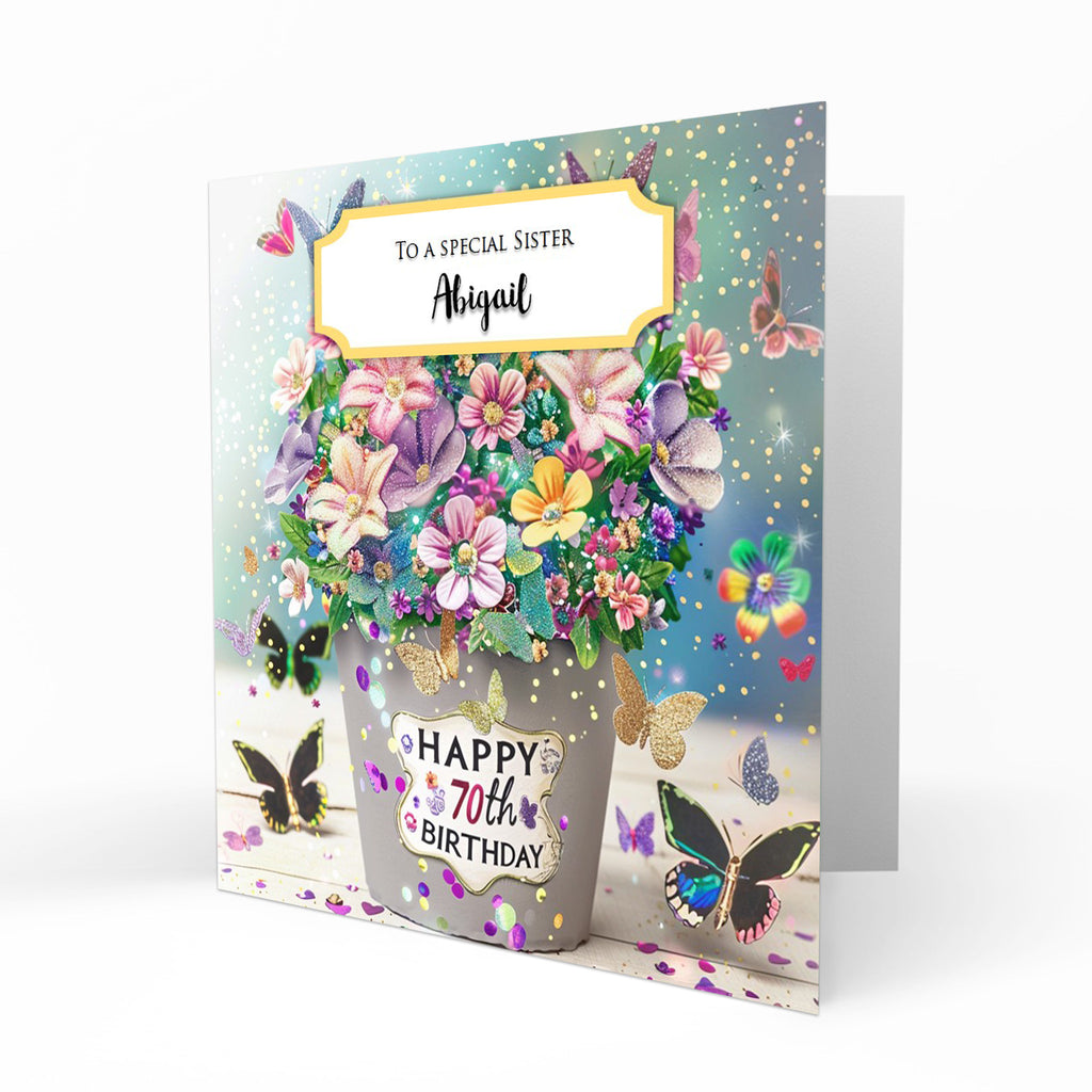 Personalised 70th Birthday Card - Flowerpot and Butterflies