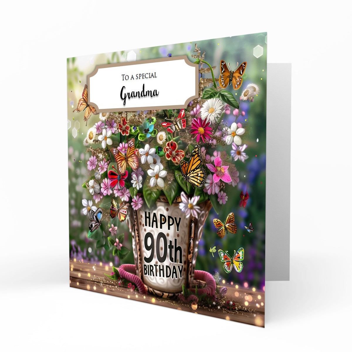 Personalised 90th Birthday Card - Flowerpot and Butterflies