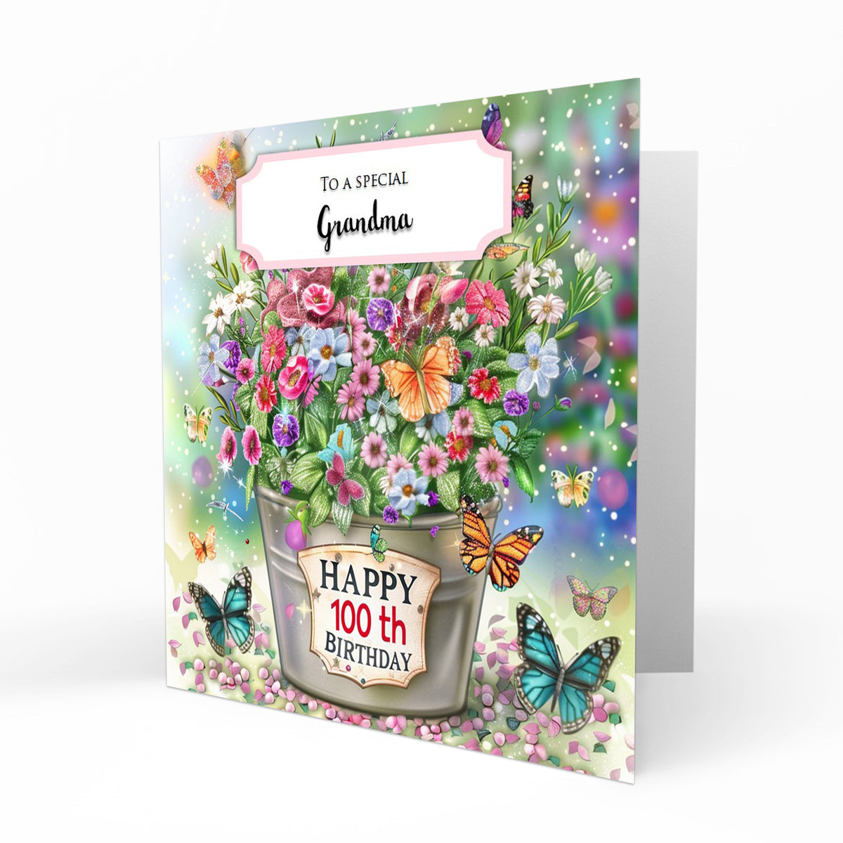 Personalised 100th Birthday Card - Flowerpot and Butterflies