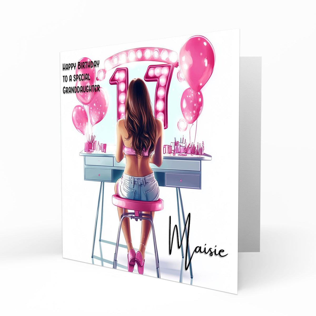 Personalised 17th Birthday Card - Girl at a Dressing Table with Number Lights
