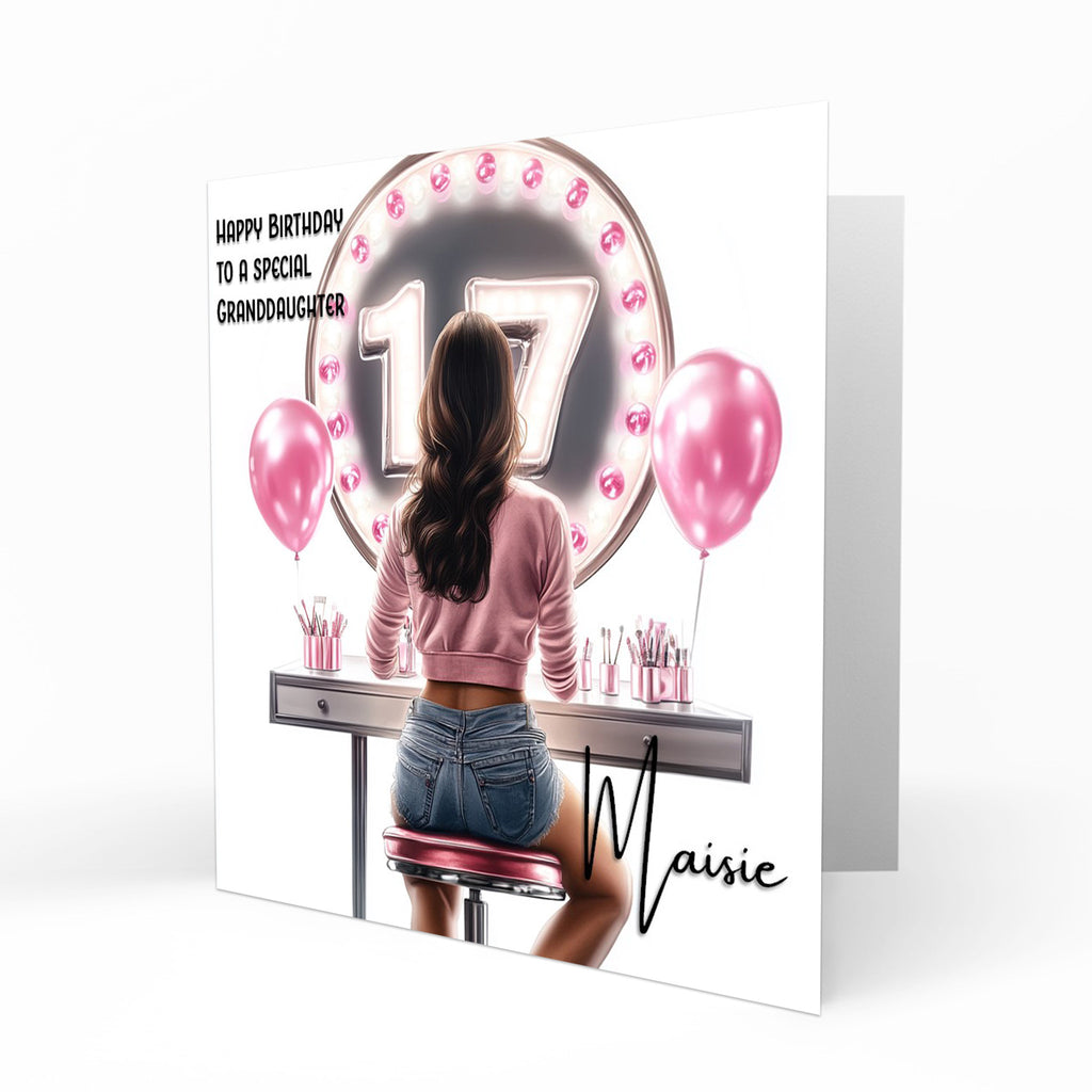 Personalised 17th Birthday Card Girls Granddaughter Niece Daughter Sister Friend Teenager, Dressing Table, Marquee Lights Pink