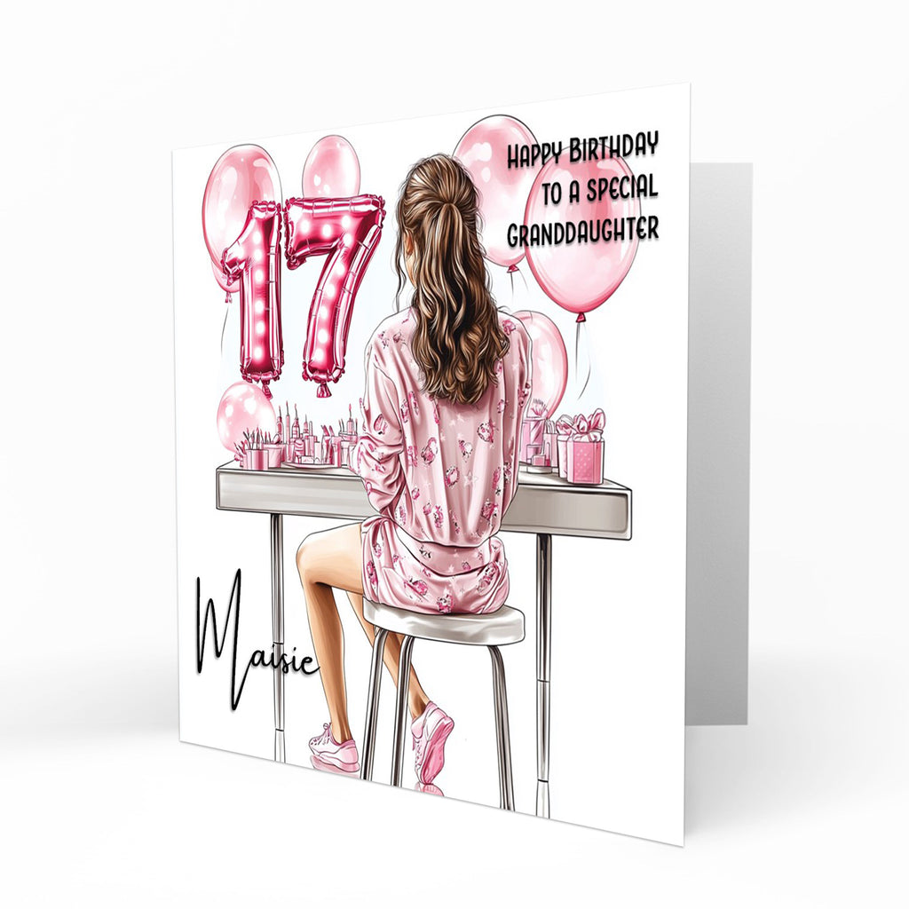 Personalised 17th Birthday Card Girls Granddaughter Niece Daughter Sister Friend Teenager, Dressing Table, Marquee Lights Pink
