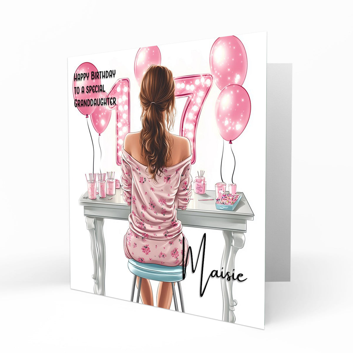 Personalised 17th Birthday Card Girls Granddaughter Niece Daughter Sister Friend Teenager, Dressing Table, Marquee Lights Pink