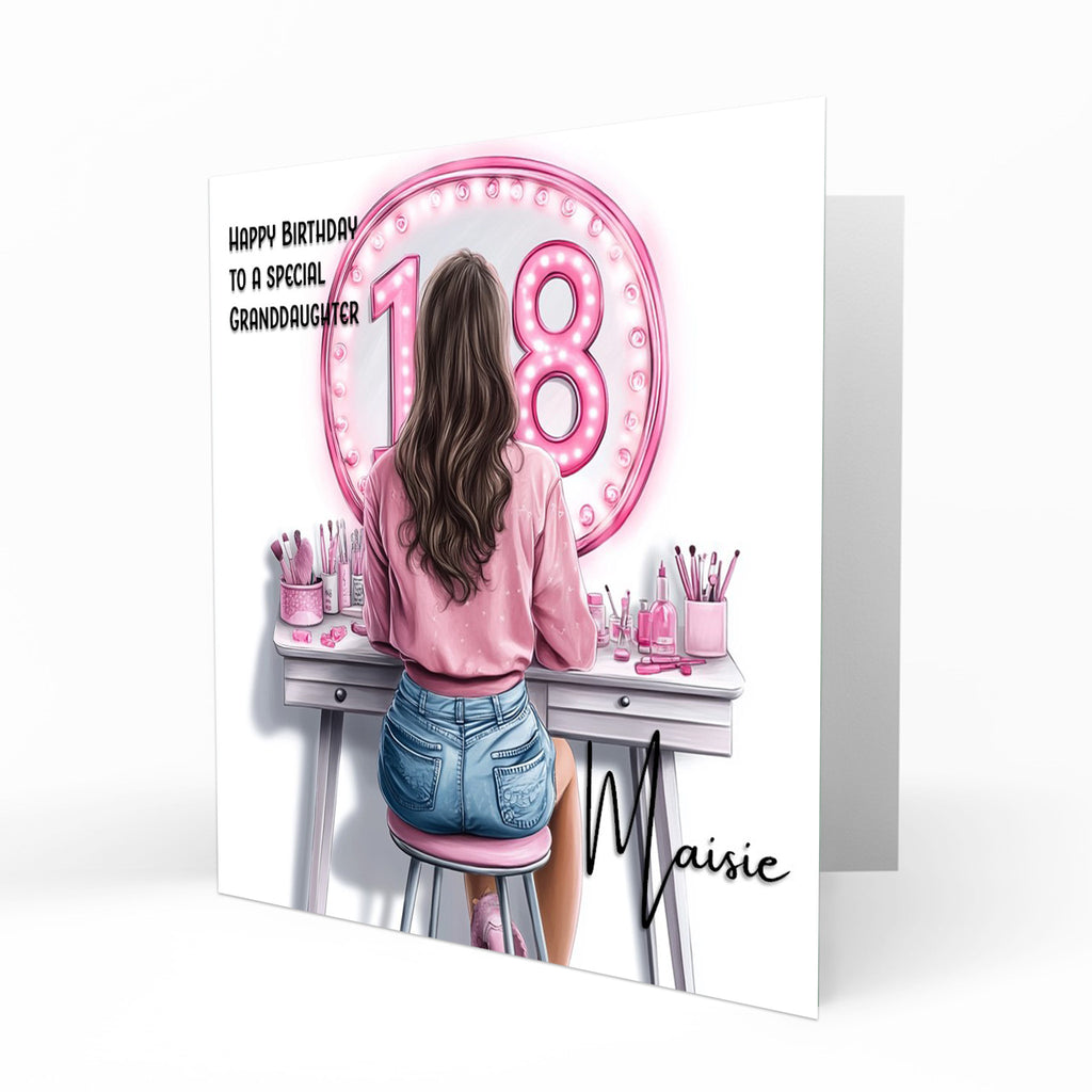 Personalised 18th Birthday Card - Girl at a Dressing Table with Number Lights