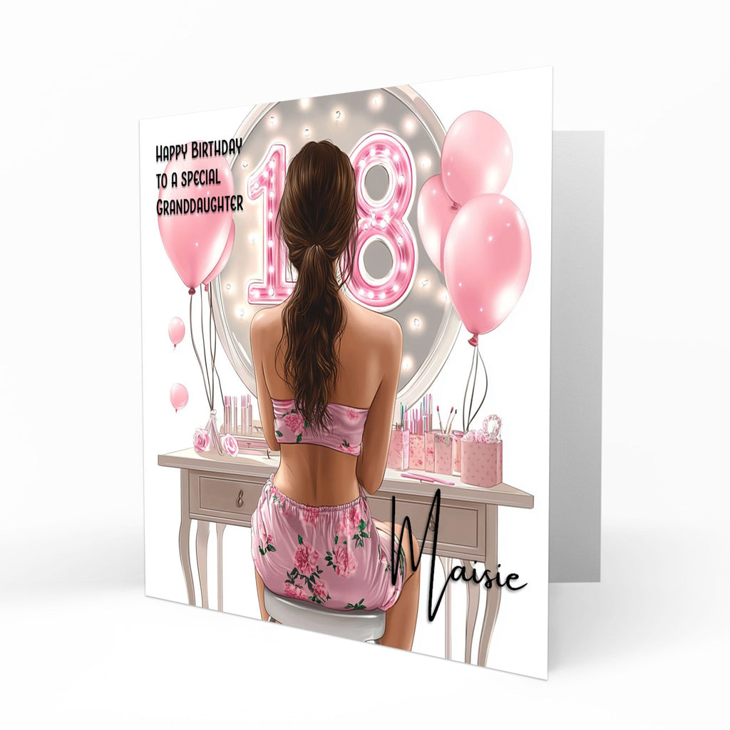Personalised 18th Birthday Card - Girl at a Dressing Table with Number Lights