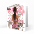 Personalised 18th Birthday Card - Girl at a Dressing Table with Number Lights