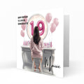 Personalised 19th Birthday Card - Girl at a Dressing Table with Number Lights