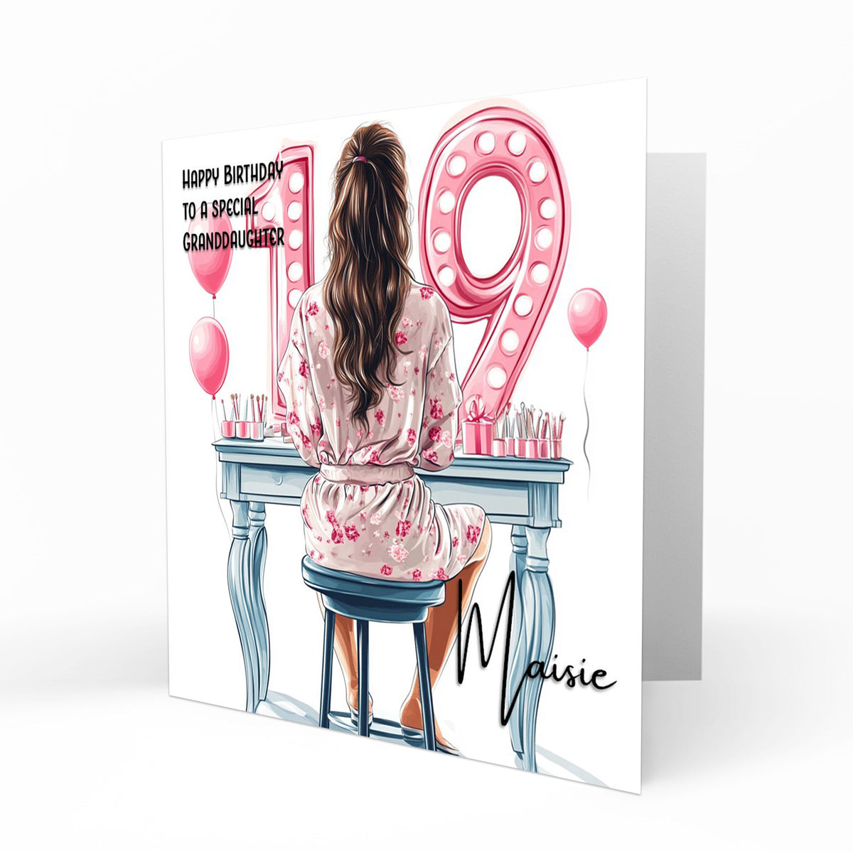 Personalised 19th Birthday Card Girls Granddaughter Niece Daughter Sister Friend Teenager, Dressing Table, Marquee Lights Pink