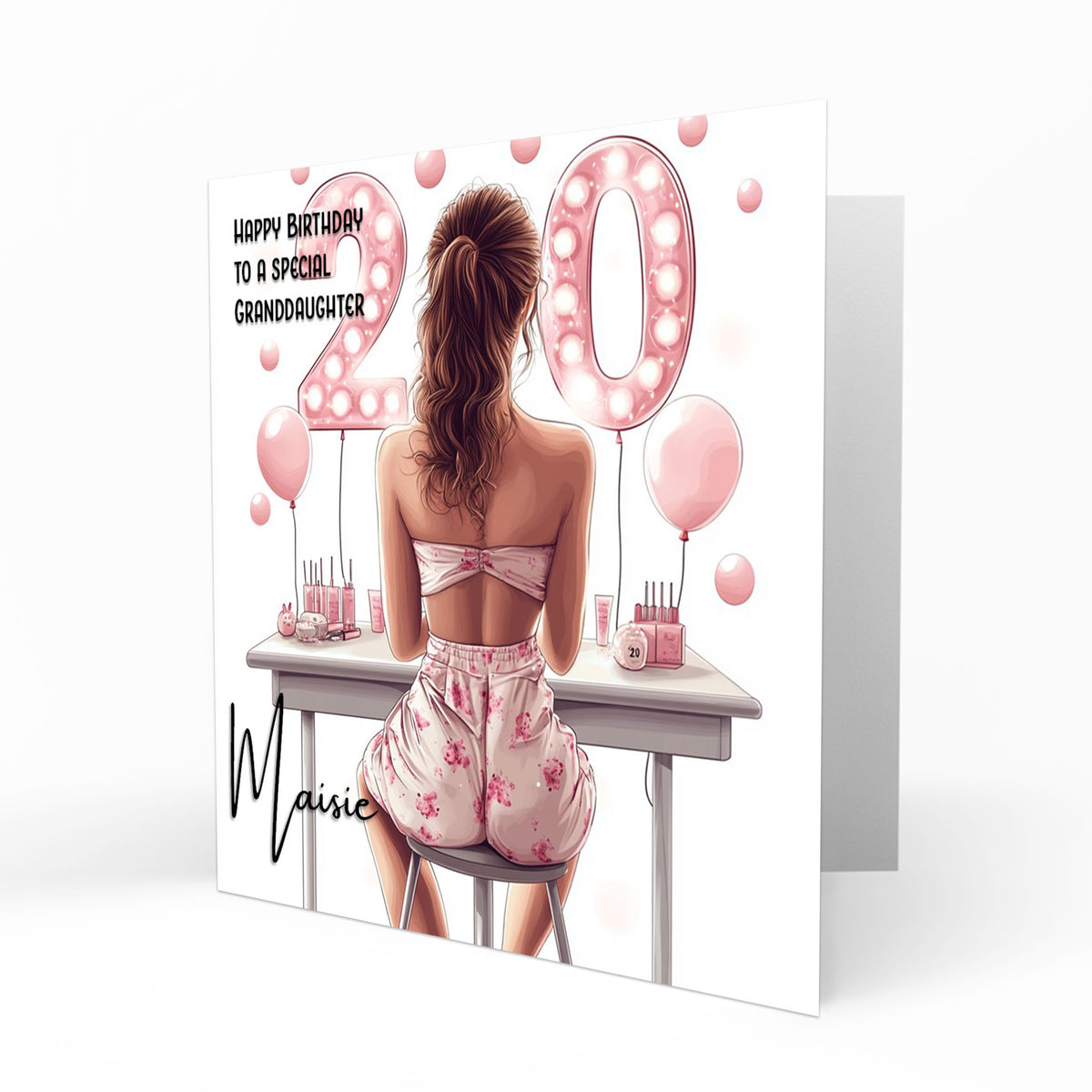 Personalised 20th Birthday Card - Girl at a Dressing Table