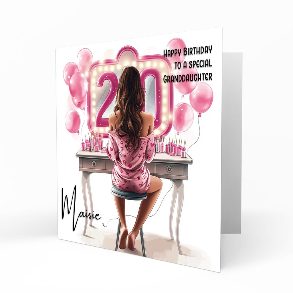 Personalised 20th Birthday Card - Girl at a Dressing Table