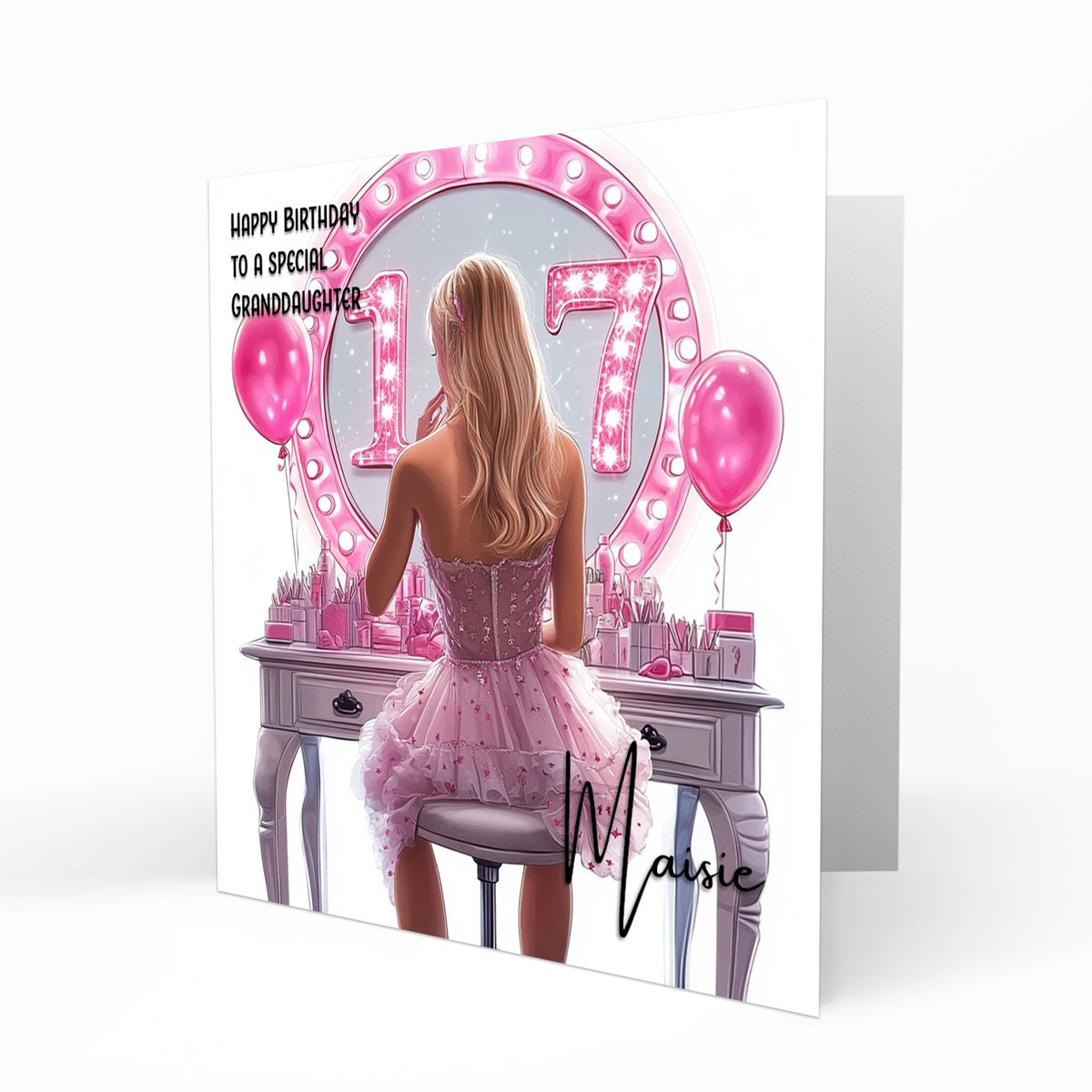 Personalised 17th Birthday Card Girls Granddaughter Niece Daughter Sister Friend Teenager, Dressing Table, Marquee Lights Pink