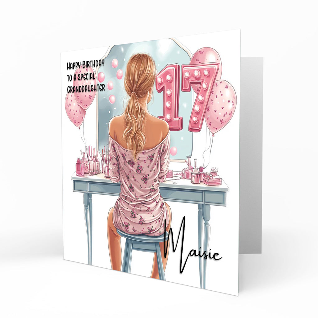 Personalised 17th Birthday Card Girls Granddaughter Niece Daughter Sister Friend Dressing Table Lights