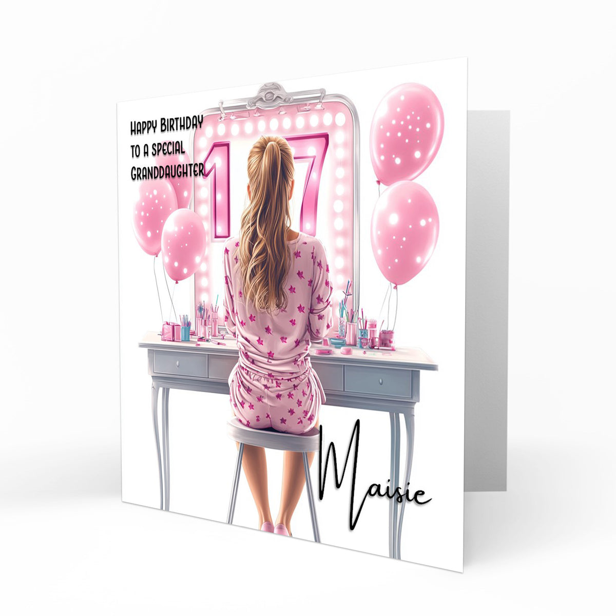 Personalized 17th Birthday Card: Dressing Table, Pink Balloons