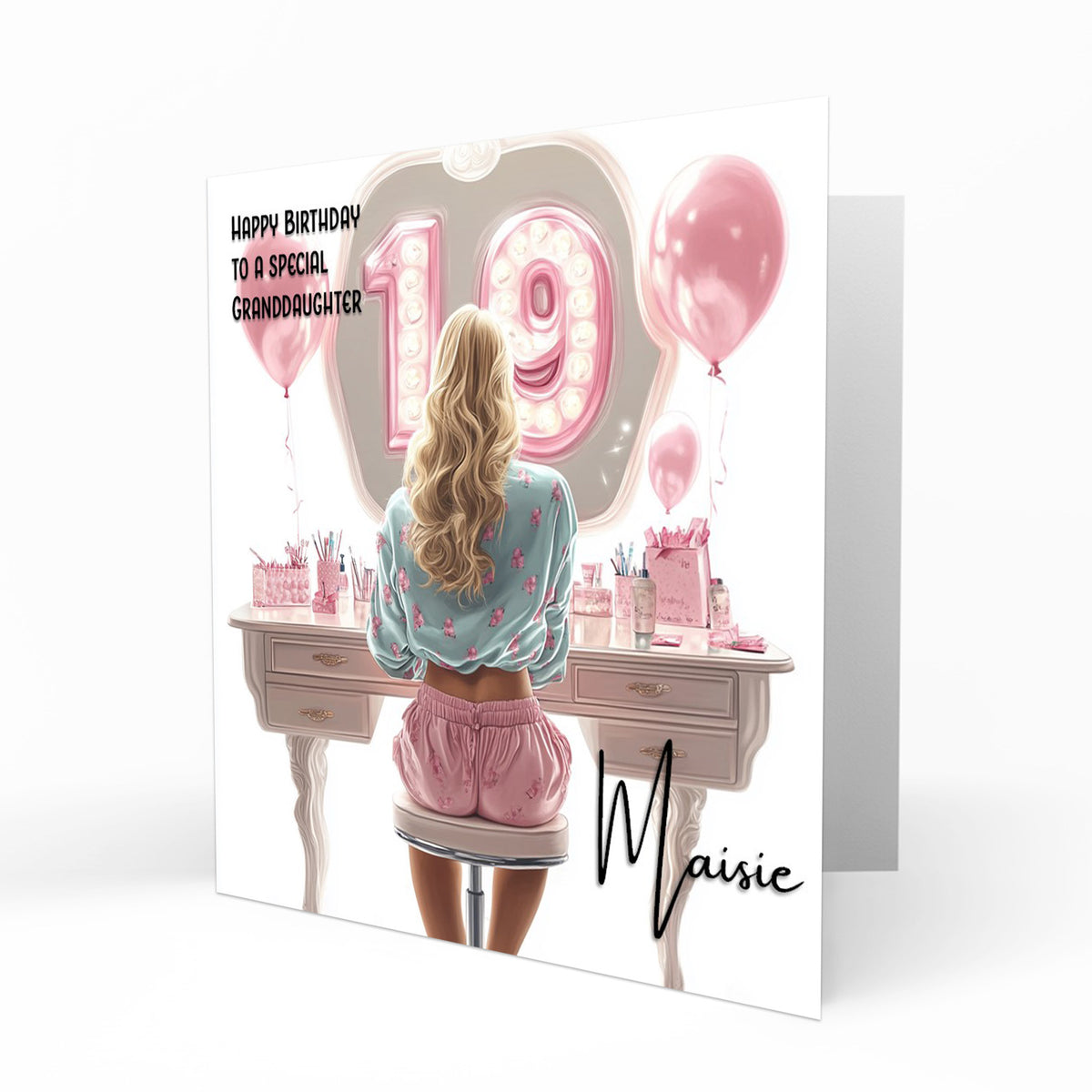 Personalised 19th Birthday Card - Girl at a Dressing Table