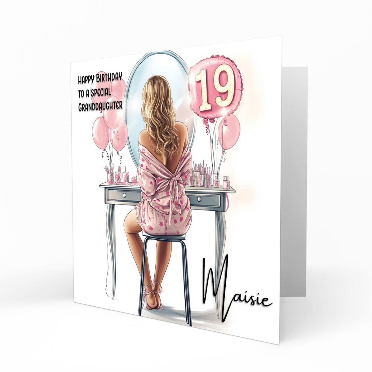 Personalised 19th Birthday Card Girls Granddaughter Niece Daughter Sister Friend Teenager, Dressing Table, Marquee Lights Pink