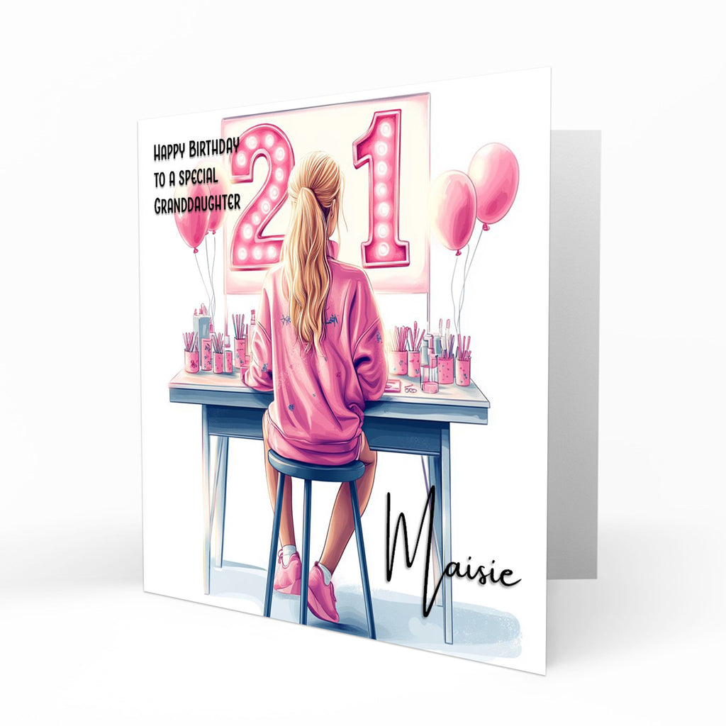 Personalised 21st Birthday Card - Girl at a Dressing Table with Number Lights