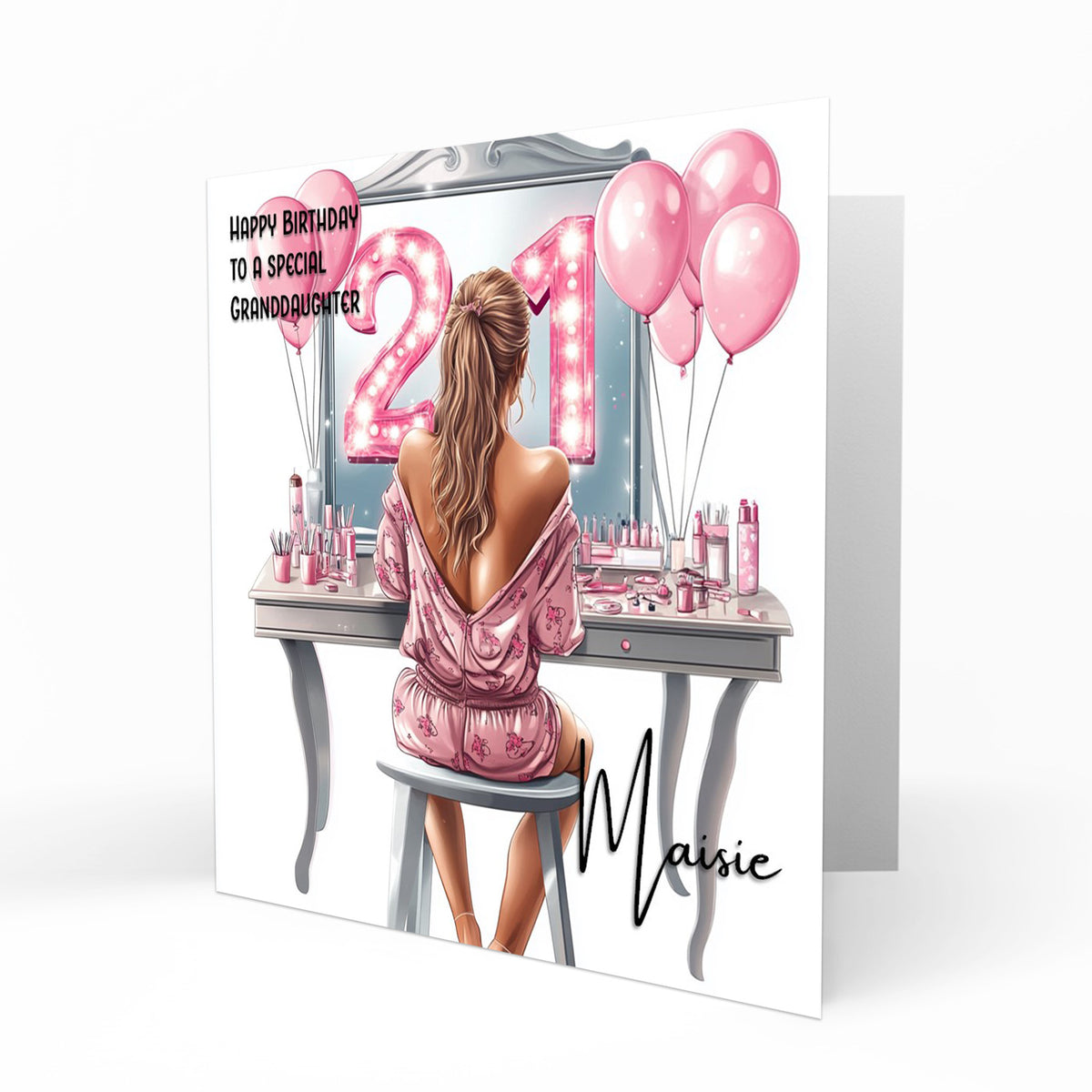 Personalised 21st Birthday Card Girls Granddaughter Niece Daughter Sister Friend Teenager, Dressing Table, Marquee Lights Pink